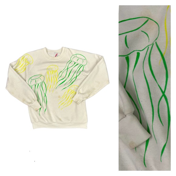 1990s Neon Jellyfish Allover Print Raglan Sweatshirt Jerzees / Men’s Medium - Picture 1 of 6